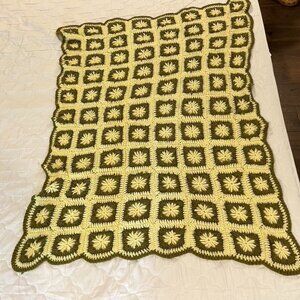Handmade Granny Square Afghan Blanket 36 x 46" Green Yellow Roseanne Antique VTG